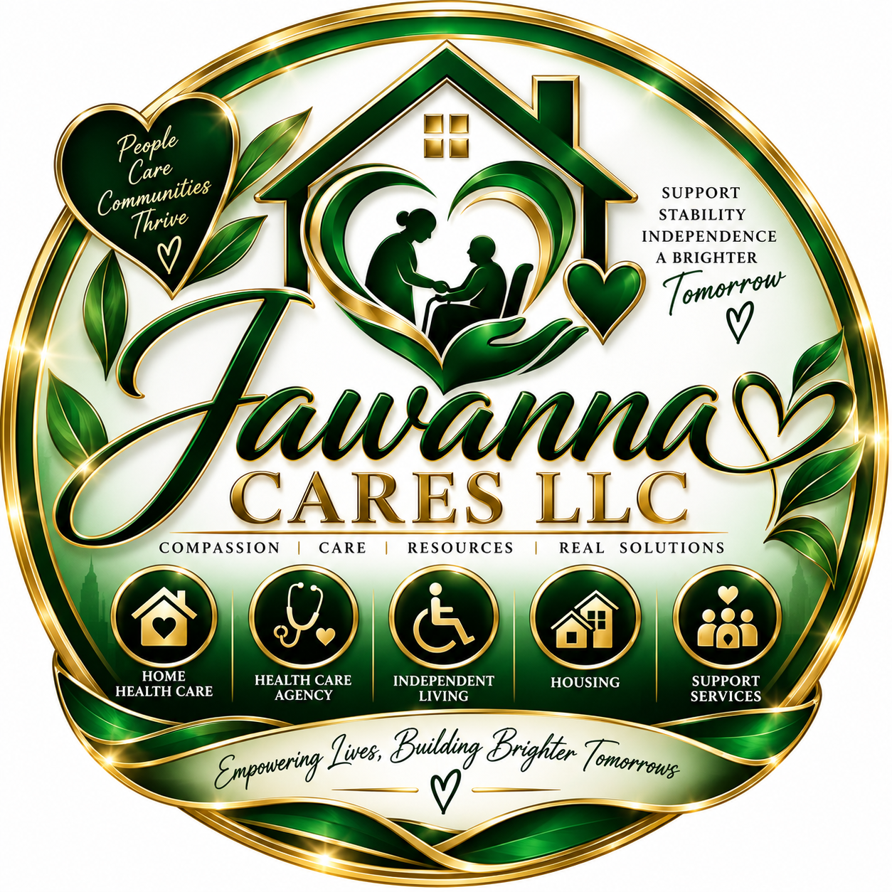 Jawanna Cares LLC green and gold emblem